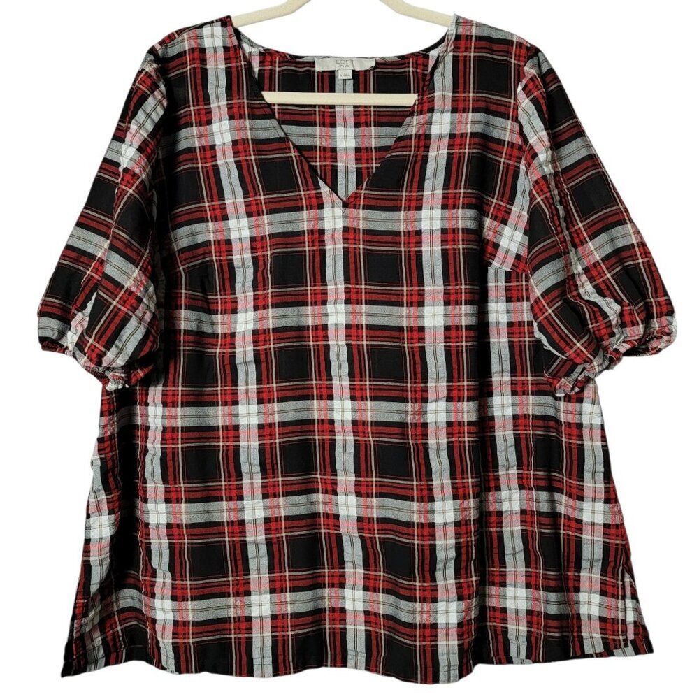 LOFT Plus Womens Red Black Plaid Puff Sleeve Business Casual V-Neck Top 16